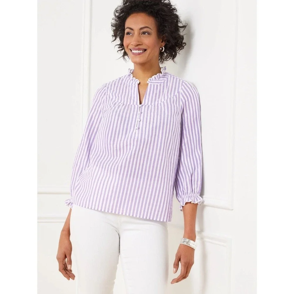 Talbots Lavender-White Striped Ruffle Neck Button-Front Blouse - Picture 1 of 7